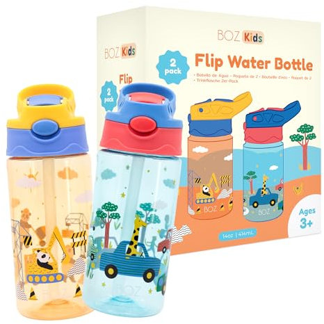 BOZ Flip Wasserflaschen für Kinder 2er-Pack – Designs Cars & Construction für Jungen, 14 oz, Druckknopf-Pop-Up-Strohhalm, Spülmaschinenfest, Auslaufsicher für Kleinkinder