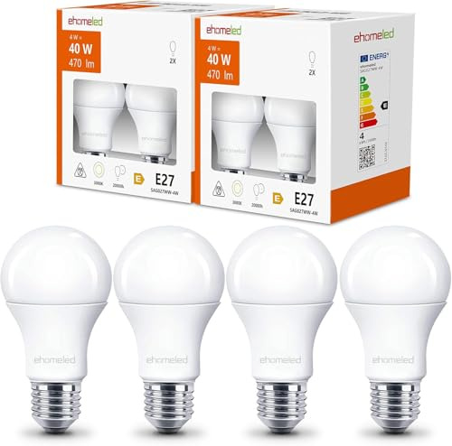 E27 LED Warmweiss, 4W ersetzt 40W Glühlampe, 3000K Warmweiß Glühbirne E27 | 470 Lumen E27 LED Lampe, Nicht Dimmbar Leuchtmittel, Energiesparende LED Birne für Wohnzimmer, Schlafzimmer & Büro, 4 Stück