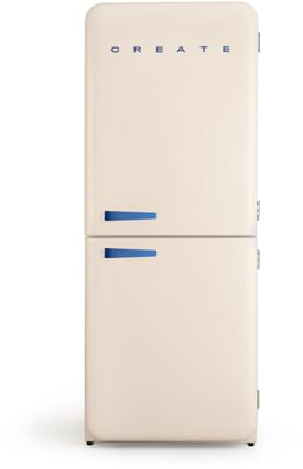 CREATE / RETRO FRIDGE COMBI 185 COBALTO/Frigorifero combinato bianco sporco con maniglia blu cobalto e congelatore, capacità 401L / 190W, No Frost, 3 ripiani, 2 cassetti, dimensioni 70x65x185 cm