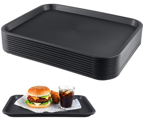LEXININ 10 bandejas de plástico negro de 35 x 27 cm, bandejas rectangulares pequeñas de 10 x 13 pulgadas para servir bebidas, cafeterías, restaurantes, comida rápida