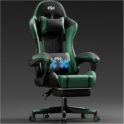 HLFURNIEU Silla Gaming con Masajeador, Silla Gamer Ergonómica con Cojín Lumbar Masajeador y Reposapiés, Sillón Gamer Altura Ajustable, Cadeira Gaming Negro y Verde
