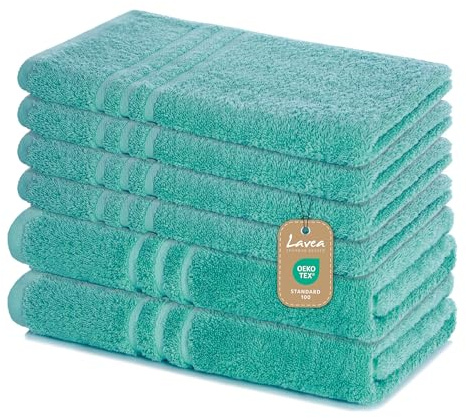Lavea® 6-teiliges Handtuch Set Elena, Türkis | 100% Baumwolle - 4x Handtücher 50x100 cm, 2x Duschtücher 70x140 cm, Frottee Handtücher Set weich, Bad & Gäste