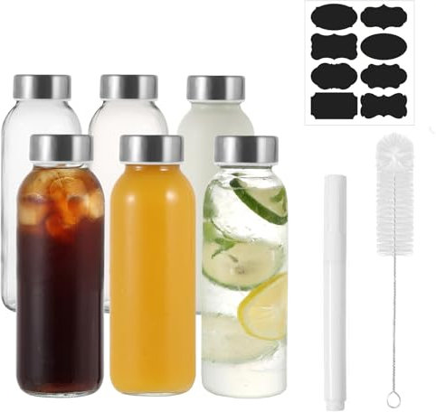Eidoct 6 Pack 300ml Reusable Glass Water Bottle - Leak-Proof, Heat-Resistant for Hot/Cold Drinks, Juicing, Smoothies & Coffee | Includes Free Bottle Brush&Stickers | Perfect for Gym, Office, Home