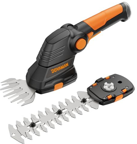 DOVAMAN GS03A 2-in-1 Akku-Grasschere, 80 MIN Schnellladung, 3-Positionen-Griff, 2 Wechselbare Klingen, 7,2V Tragbare Elektrische Grasschere zum Rasen Schneiden