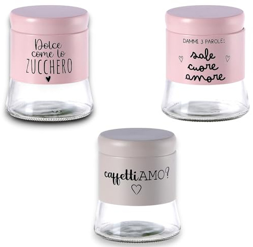 KORAT Set 3 Barattoli in Vetro Decorati con Frasi – 12x14 cm, Coperchio in Acciaio Colorato Eleganti, Ermetici e Perfetti per Zucchero, Sale o Caffè Idee Regalo per la Cucina (Pink)