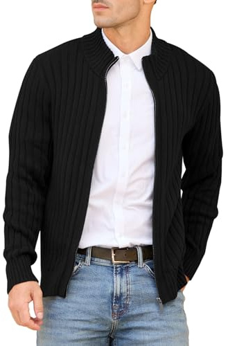 NITAGUT Herren Strickjacke Full Zip Stehkragen Langarm Baumwolle Casual Slim Fit Winter Pullover für Männer,Schwarz,L