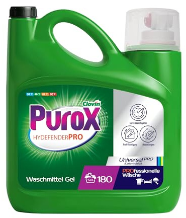 PUROX Hydefender - Detersivo liquido universale (180 lavaggi) tanica con dosatore – per tutti i tessuti, rimuove macchie e odori sgradevoli, facile da pulire, ipoallergenico, anticalcare, 5,4 l
