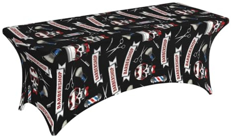 PPIKTC Spandex Table Cloth 6FT Rectangular, Cool Funny Skull Tools Vintage Barber Shop Tablecloths, Elastic Fitted Cover for Banquet Halls, Wedding Venues & Conference Tables