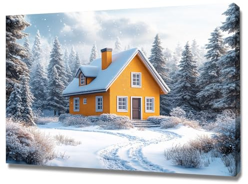 TODOAA Quadri Moderni Inverno Neve Quadro Su Tela Canvas Alberi della capanna della foresta invernale Stampe Da Parete soggiorno Natura Paesaggio - Stampe Camere da Letto-30x40cm Incorniciato