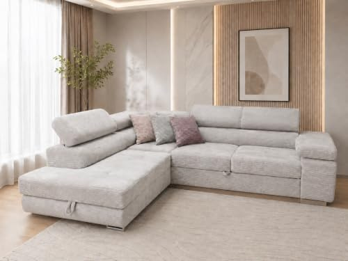 KMK GNYCH Sofa Aston 272x203x88 cm, Schlaffunktion, Hellgrau, Links | L-Form Sofa, Modern Couch mit Bettkasten, Weiches Ecksof fürs Wohnzimmer, Schlafsofa, Eleganter Lincoln Stoff
