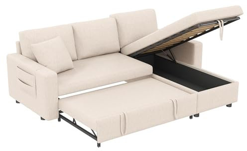 Azkoeesy Sofá cama plegable de 3 plazas con función de dormir y espacio de almacenamiento, sofá en forma de L, sofá chaise longue de salón, intercambiable a izquierda y derecha, tela de lino (beige)