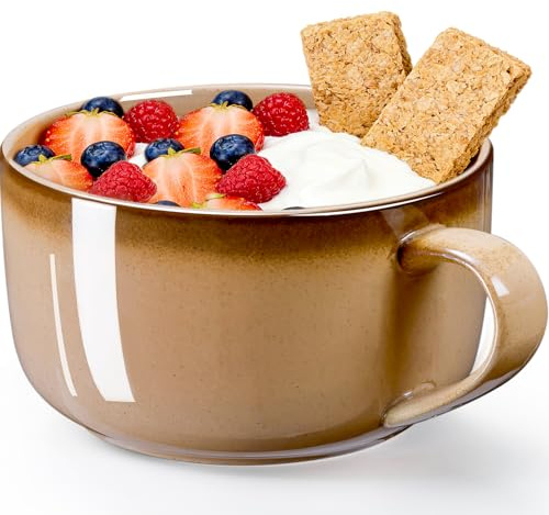 NUTRIUPS Large Ceramic Soup Bowls with Handles, 1000ml Microwave Soup Mug, Heavy Soup Cup & Container with Handles, for Cereal, Ramen, Noodle, Oatmeal (Vintage Copper Rim)