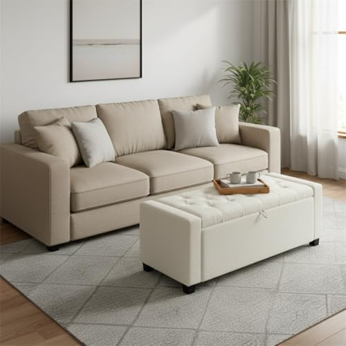 AllE quip Sitzbank mit Stauraum, Aufbewahrungsbox mit Deckel, Klappsitz, 109 x 40 x 40 cm, Kreis Sha, für Wohnzimmer, Flur, Schlafzimmer, beige weiß (Kreis Sha beige weiß)