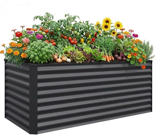 LARMNEE Hochbeet, Metall Pflanzenbeet, 160 x 80 x 70 cm, großes und erhöhtes Pflanzbeet, Frühbeet Gartenbeet für den Anbau von Gemüse, Blumen und Kräutern, für Garten, Terrasse, Balkon, Grau EGY01MP02