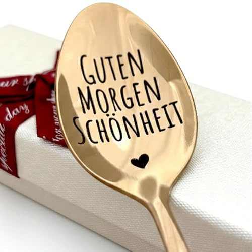 Personalisierter Teelöffel mit Gravur - Goldener Löffel mit eigenem Text - Guten Morgen Schönheit - Individuelles Geschenk für Schwester, Mama, Papa - Custom Edelstahl Souvenir - Optional Geschenkbox