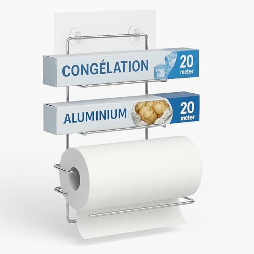 cozydiscount - Organisateur Cuisine - Support pour Rouleaux Essuie-Tout/Papier Alu/Film Etirable/Papier Sulfurisé… Fixation Nano Stick (sans Perçage)