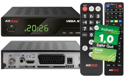 AXRED Vega X1 + mando a distancia para personas mayores, receptor de satélite HD con función de grabación, Full HDTV, receptor de satélite digital para antena parabólica, satélite, TV TV