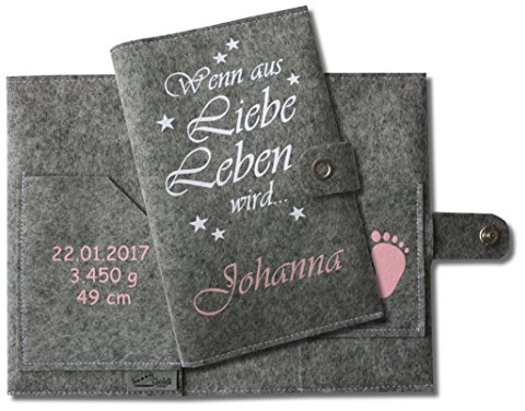 mutterkindpasshülle österreich Deluxe „Wenn aus Liebe Leben wird...“ mit Namen und Geburtsdaten des Babys sowie extra Fächern und Verschluss - Rosa Grau