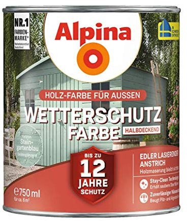 Alpina Holz-Wetterschutz-Farben – Steingartenblau, halbdeckend – bis zu 12 Jahre Schutz vor Witterung und Nässe – schmutzabweisend, halbdeckend & ergiebig – 750 ml