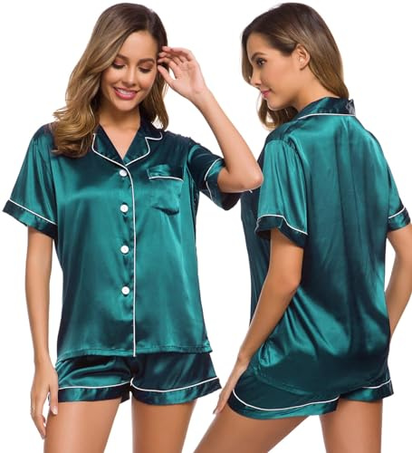 SWOMOG Pyjamas for Women Silk Satin Pyjama Bride Pjs Set Two Piece Pj Sets Button Down Sleepwear Loungewear
