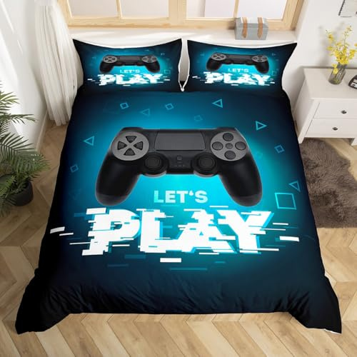 Teens Games Bettwäsche-Set, Gamepad Spieler Gaming Bettbezug 155x220 für Kinder Jungen Mädchen Jugend Schlafzimmer, moderne VR Gamer Tröster Abdeckung Geometrische Dreieck Bettbezug, Blau und Schwarz