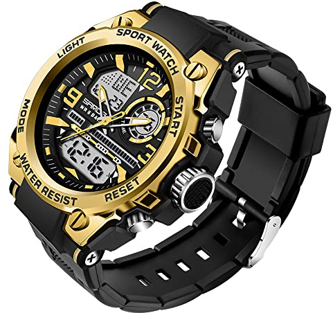AIMES Montre pour homme - Étanche - Pour sports de plein air - Style militaire - Numérique - Analogique - Date - Multifonction - LED - Grand cadran - Alarme et chronomètre - Pour homme, Doré/noir