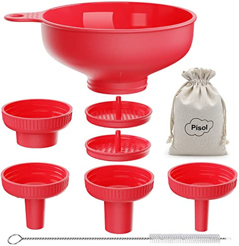 Pisol Wide Mouth Versatile Funnel, Canning Funnels for Kitchen Use, Food Grade Plastic Cooking Funnel Set with 4 Size Spouts and 2 Strainers for Filling Different Bottles and Bags, Red