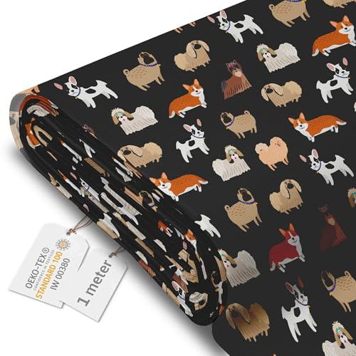 DreamRoots Markisenstoff Meterware, Dark Cartoon Dogs, 1 m | Oxford Segeltuch wasserdicht, Polsterstoff, 220 g/m² 600D, 160 cm breit, Kinderstoff, für Deko & Nähen