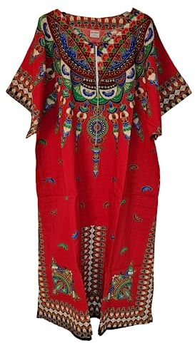 Womens 100% Cotton Long Kaftan Dress Summer Dashiki African Print One Size Loose Baggy Style Beach Cover (Red)
