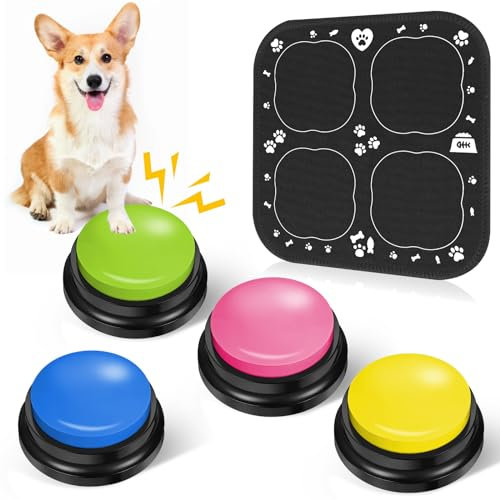 REAQUE Buzzer med inspelningsfunktion, 4 stycken buzzer med ljud, buzzer med gummimatta ljudknapp för hundar, buzzer med inspelningsfunktion för interaktion med hundar