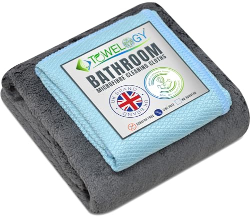 Towelogy® Microfibre Bathroom Cleaning Cloths 2 Pack Super Absorbent Streak Free Shower Glass Cleaner Kit (Grey/Aqua)