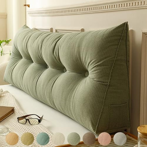 Rückenkissen Bett Armeegrün 100cm, Groß Lesekissen für Bett und Sofa, Cord Bettkissen Rückenlehne Rückenpolster Keil Kopfteil Kissen, Dreieckige Rückenstützkissen Keilkissen Lendenkissen Kopfkissen