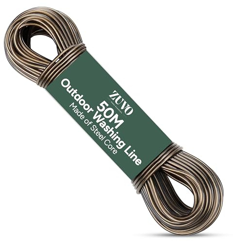 Zuvo 50M Washing Line Rope, Steel Core PVC Coated Clothes Line, Outdoor | Heavy-Duty Steel Core, All-Weather, Garden & Laundry, 200kg Load Capacity, 2 Tensioners Included