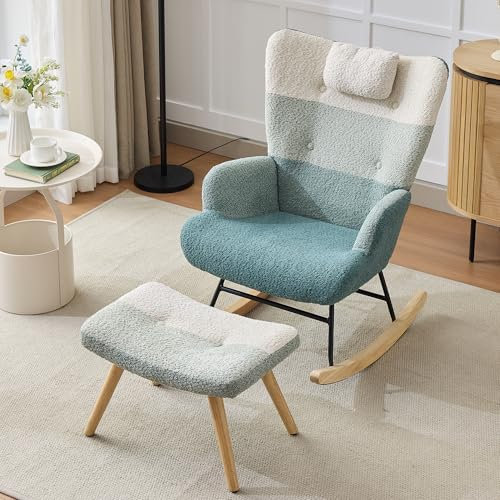 Idemon Boucle-Schaukelsessel, Schaukelstuhl im bunten Patchwork-Streifen-Look, Sessel Beine aus Gummiholz, Gestell aus gespritztem Eisen, Wohnzimmersessel, Schlafzimmersessel mit Fußbank