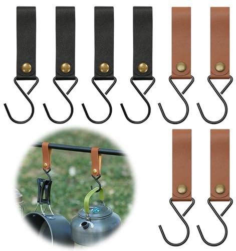 POXIAOER Kleiderhaken, 8 Stück S-Haken zum Aufhängen Tasse Handtuch Metall Mehrzweckhaken mit PU Schlaufe S Haken für Kleiderschrank Kleiderstange, Outdoor Camping, Küche, Bad, Schlafzimmer