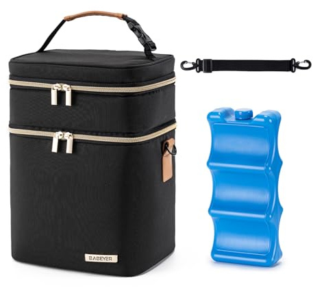 BABEYER Muttermilch-Kühltasche mit Eisbeutel für 6 Babyflaschen bis zu 9 Unzen, auslaufsichere Doppelstock-Babyflaschen-Tasche mit Schulterriemen für stillende und arbeitende Mütter, schwarz