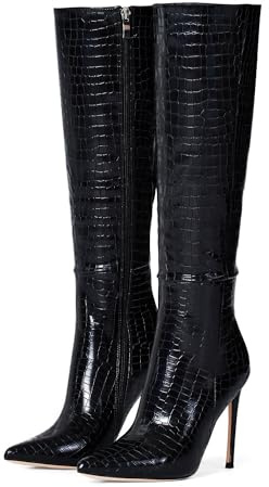 Elisabet Tang 4 inch Women's Knee High Long Boots, Stiletto Tall Pointed Toe Heeled Boot Leather Patent Comfortable Sexy Black Grain Size 8.5