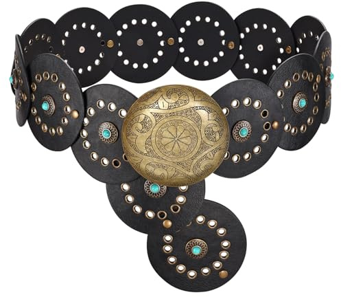 LEACOOKEY Women Wide Vintage Concho Leather Belt Western Disc Waist Belt Boho Disk Concho Style for Dress Jeans