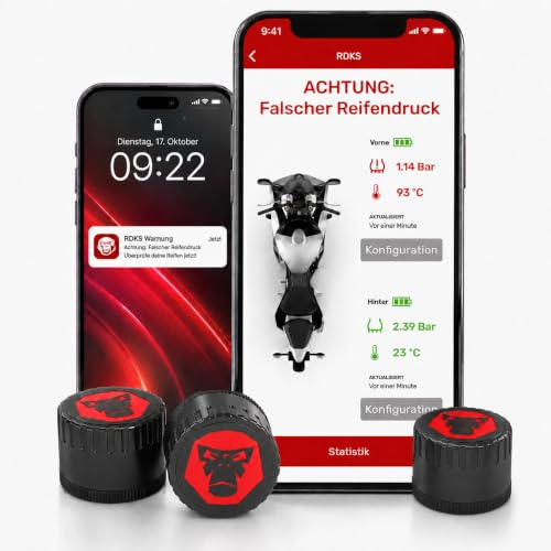RideLink TireGuard | RDKS Reifendruckkontrollsystem Motorrad, 3 Sensoren | 3 TPMS Sensoren | Für Trikes, Dreirad-Roller & Gespanne | Druckverlust-Warnung | 2 Min. Montage | App, Navi & Community