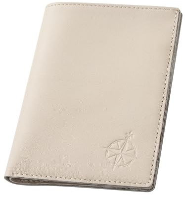 WANDERINGS Cartera de Viaje de Piel con Portapasaportes – 14 x 10 cm – Cuero Auténtico con Protección RFID – Billetera Plegable para Pasaporte – Color Avena