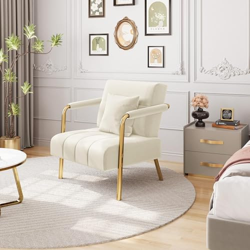 Yaheetech Fåtölj sammetslen loungefåtölj, stoppad fåtölj med metallben, enkelfåtölj 71,5 cm bred, relaxfåtölj för vardagsrum/hemmakontor, beige