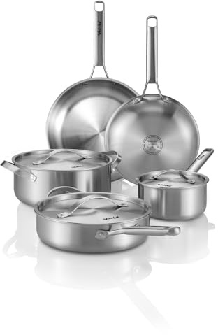 Stainless Steel Cookware Set, 8 Pcs Tir-Ply Pots and Pans Set, PFOA&PTFE Free, Dishwasher&Oven Safe, Kitchen Induction Compatible, ollas de acero inoxidable para cocinar