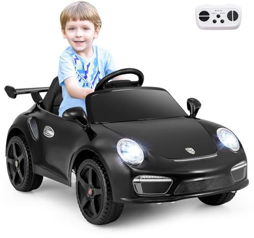 GOPLUS Coche Eléctrico para Niños Porsche 12V, Coche Bateria con Mando a Distancia y Entrada USB, Vehículos con Música, Bocina y Luces LED, Carga máxima 30kg, 3+ Años (Negro)