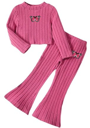 Purple Red Girls Rib Knit Clothes 2 Piece Loungewear Set Yellow Long Sleeve Pullover Tops and Flare Pants Baby Girls' Pyjamas Toddler Kids Tracksuits Knitted Sweatshirts Trousers Autumn Casual Outfits