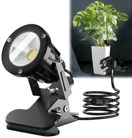 Jonuin LED Spot Klemmstrahler mit Stecker & Schalter, 7W COB LED Strahler mit Klemme, 3M Kabel, IP65 Wasserdicht, Spotlight für Innen & Außen, Pflanzen, Terrasse, Rasen und Akzentbeleuchtung(Kaltweiß)