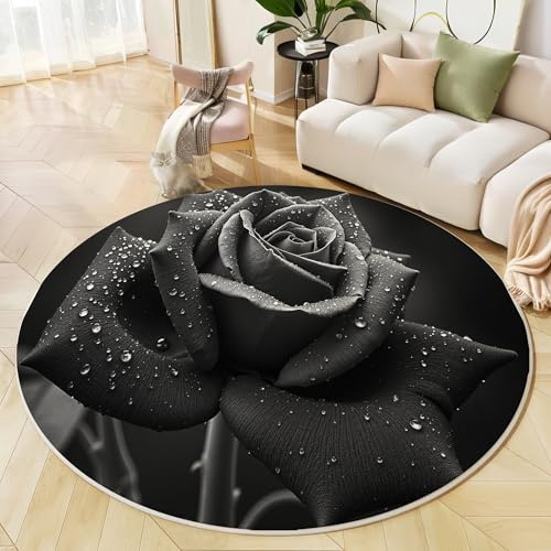 ALTCIRNMD Wassertropfenrose Schwarz-Weiß Weicher Runder Kurzflor-Teppich Minimalistische Fotografie Für Wohnzimmer & Schlafzimmer,Einfache Pflege,Heimbüro-Dekoration,120Cm Durchmesser