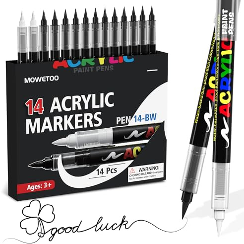 MOWETOO Rotuladores Acrilicos, Impermeable Marcadores Acrílicos Negro×12 y Blanco×2, Rotuladores Acrilicos Punta Pincel Para Piedra, Vidrio, Madera, Cerámica, Metal y Lienzo, Regalo Para Niños