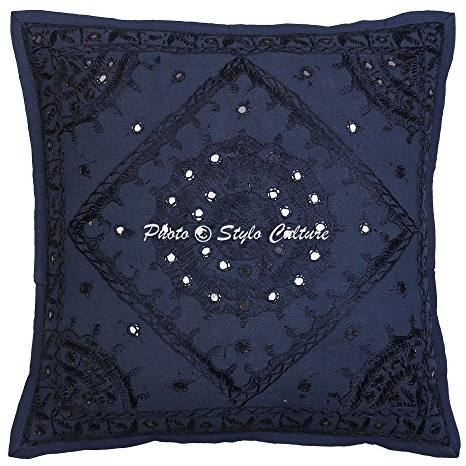Stylo Culture Bohemio Fundas para Almohadones Decorativos 40x40 cm Algodón Espejado Fundas Cojines Cama Azul 16x16 Inch Bordado Cuadrado sobre Fundas para Los Cojines del Sofa - 1 Pc