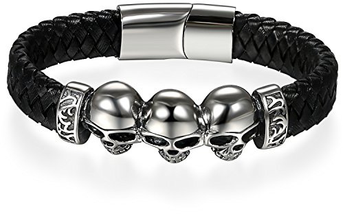 JewelryWe Schmuck Lederarmband Herren Edelstahl Fahrradkette Motorradkette Geflochten Leder Armband Freimaurer/Pharaos/Totenkopf/Motorrad Armreif Geschenk für Männer
