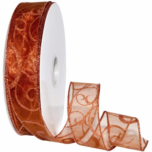 Morex Ribbon Wired Swirl Sheer Glitter Ribbons, Holiday Ribbon for Crafts and Christmas Decorations, Gift Wrapping, 1.5 x 50 Yd, Copper